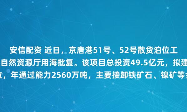 安信配资 近日，京唐港51号、52号散货泊位工程项目顺利通过河北省自然资源厅用海批复。该项目总投资49.5亿元，拟建设2个30万吨级散货泊位，年通过能力2560万吨，主要接卸铁矿石、镍矿等金属矿石，为国内首个在粉砂质海岸及挖入式港池设计建造的30万吨级重力式沉箱结构码头。